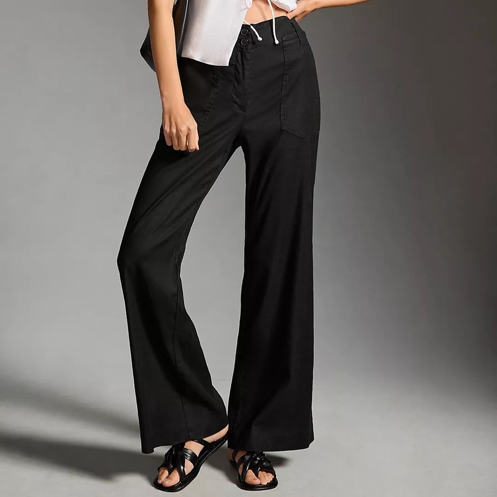 Maeve Anthropologie Naomi Linen Wide Leg Flare Pants Black Size 4 High Rise
